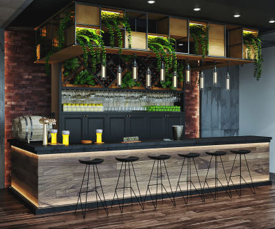 现代工业风格红砖墙搭配绿植金属时尚而自然吧台